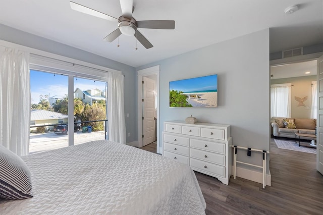 bedroom with baseboards, visible vents, ceiling fan, dark wood-type flooring, and access to outside