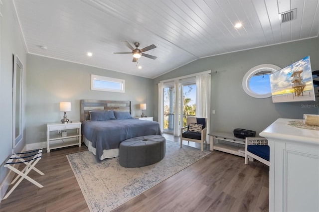 bedroom with access to exterior, dark wood-style flooring, visible vents, vaulted ceiling, and wooden ceiling