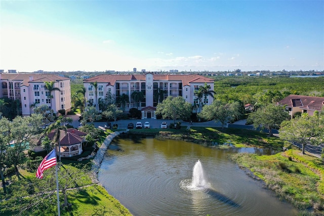 bird's eye view with a water view