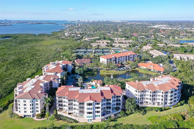 aerial view featuring a water view