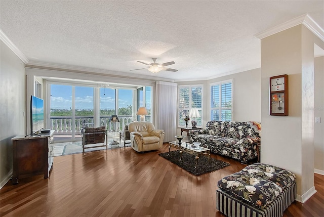 living room featuring baseboards, a textured ceiling, wood finished floors, and ornamental molding