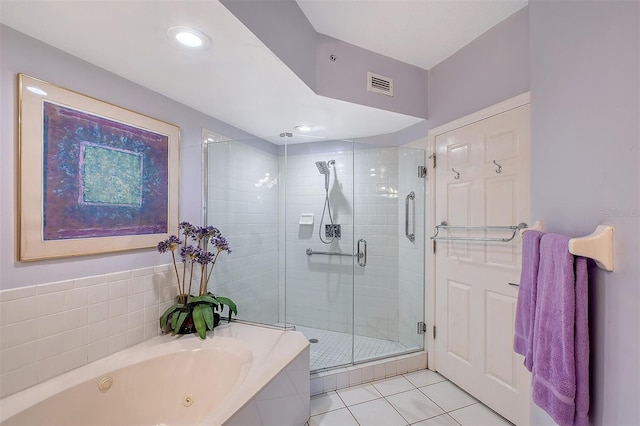 bathroom with tile patterned flooring, visible vents, a shower stall, a whirlpool tub, and recessed lighting