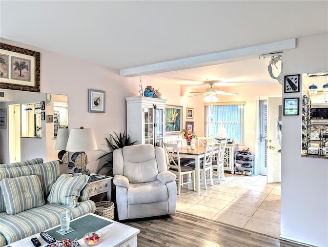 2057 Sunset Dr Unit G1, Bradenton, FL 34207 - living area featuring a ceiling fan, tile patterned flooring, and beam ceiling