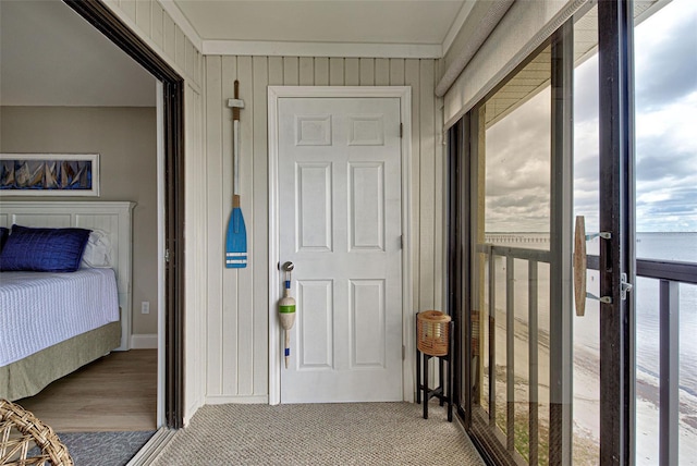 interior space featuring a water view, wooden walls, and carpet flooring