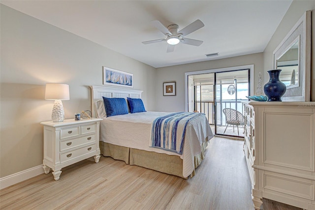 bedroom with baseboards, visible vents, ceiling fan, access to exterior, and light wood-type flooring