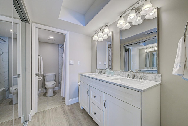 bathroom featuring double vanity, wood finished floors, a sink, and toilet