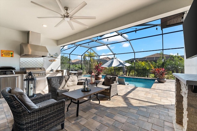 view of patio with an outdoor pool, area for grilling, glass enclosure, a grill, and an outdoor living space