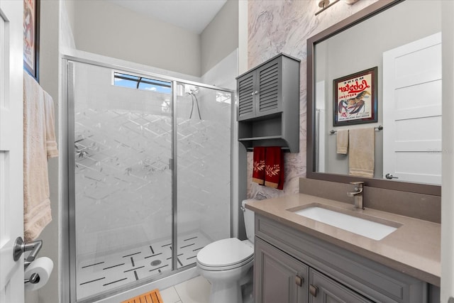 bathroom featuring a shower stall, toilet, and vanity