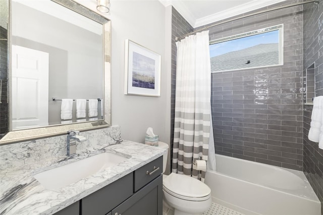 full bath with shower / bath combination with curtain, crown molding, vanity, and toilet