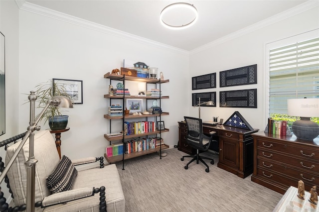 home office with light carpet and crown molding