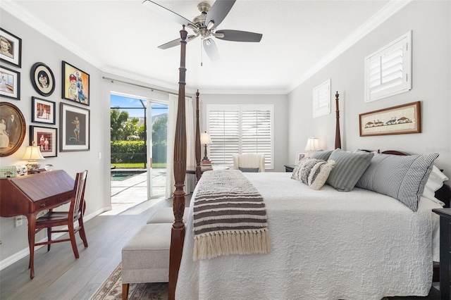 bedroom featuring baseboards, access to outside, ornamental molding, and wood finished floors