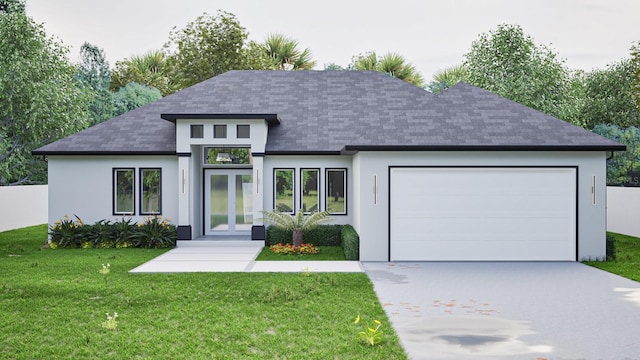 view of front of home featuring french doors, stucco siding, a garage, driveway, and a front lawn