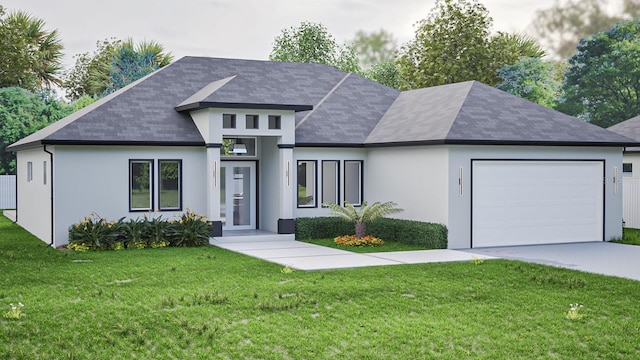 view of front of house with a front lawn, driveway, an attached garage, and stucco siding