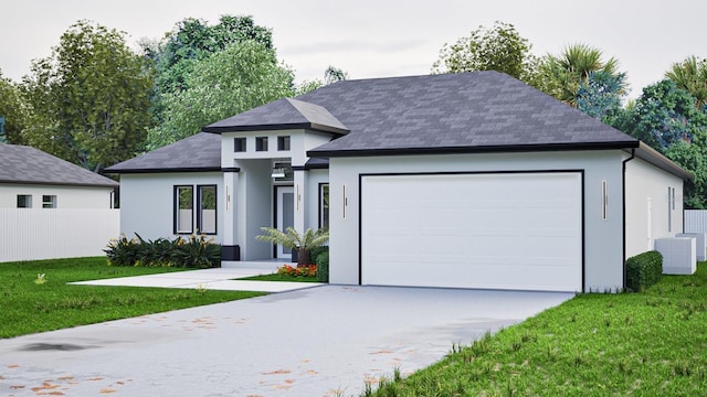 view of front of home with an attached garage, fence, driveway, stucco siding, and a front yard