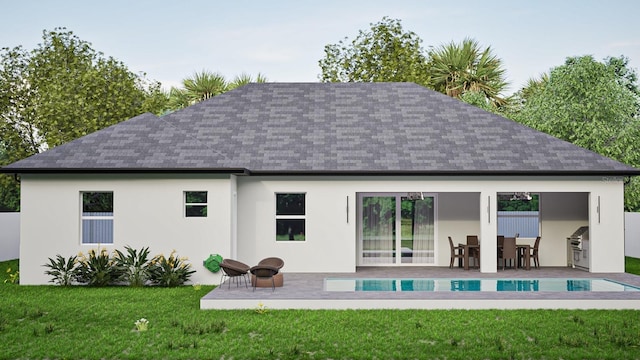 back of house with a yard, an outdoor pool, a shingled roof, and a patio