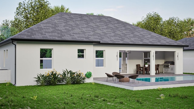 back of house with exterior kitchen, roof with shingles, a patio, and a lawn