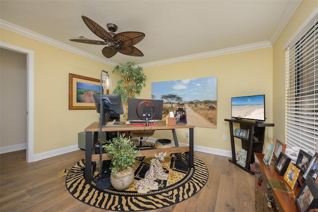 office with ornamental molding and wood finished floors