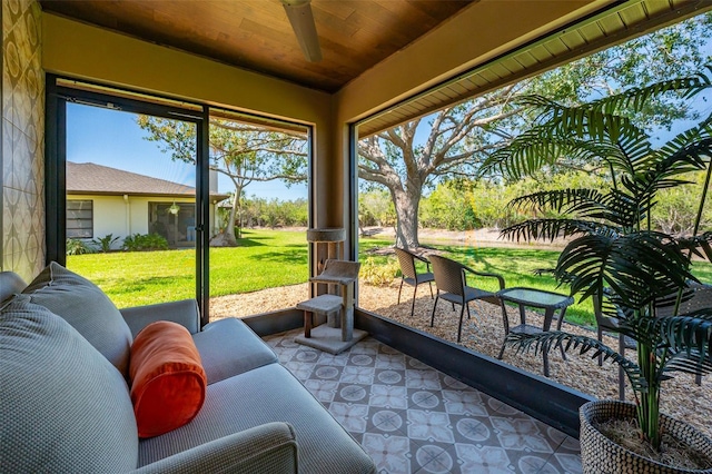 sunroom with wood ceiling