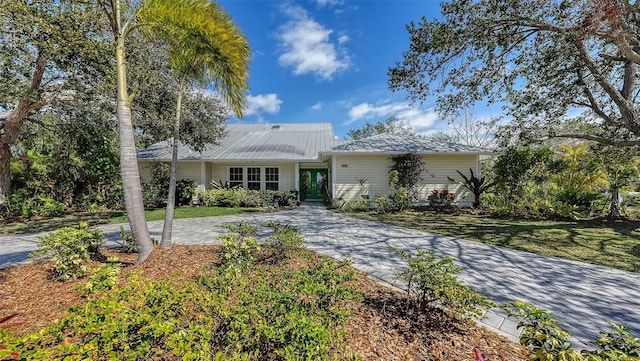 ranch-style house with driveway, metal roof, and a front yard