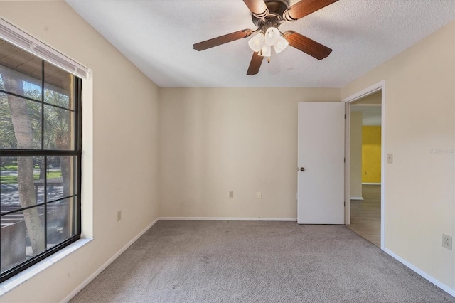 empty room featuring a healthy amount of sunlight, light carpet, a textured ceiling, and baseboards