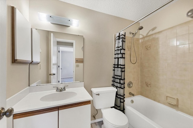 full bathroom with shower / tub combo, toilet, a textured ceiling, and vanity