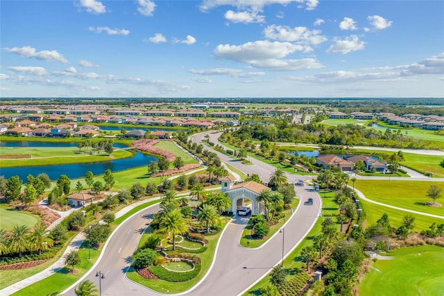 bird's eye view featuring a residential view, a water view, and golf course view