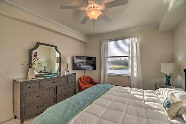 bedroom featuring ceiling fan and crown molding