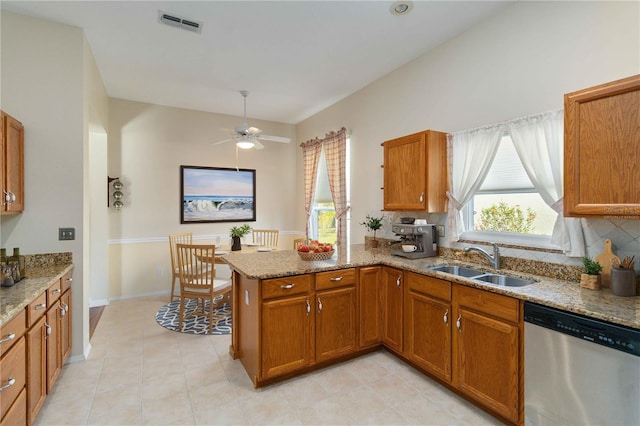 kitchen featuring decorative backsplash, stainless steel dishwasher, brown cabinetry, a sink, and a peninsula