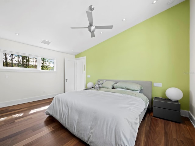 bedroom with visible vents, baseboards, a ceiling fan, dark wood-style flooring, and recessed lighting