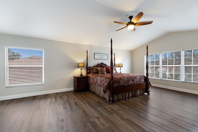 bedroom featuring a ceiling fan, baseboards, vaulted ceiling, and wood finished floors