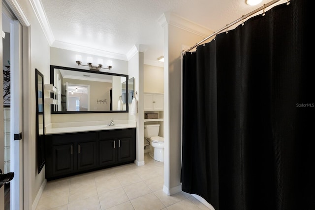 full bathroom featuring a textured ceiling, toilet, vanity, tile patterned floors, and crown molding