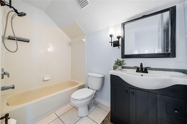 bathroom with visible vents, toilet, tile patterned floors, a textured ceiling, and shower / washtub combination