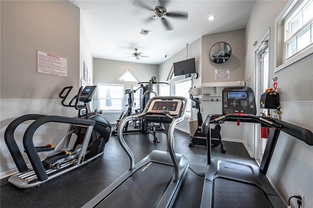 exercise room featuring baseboards, a ceiling fan, visible vents, and a healthy amount of sunlight