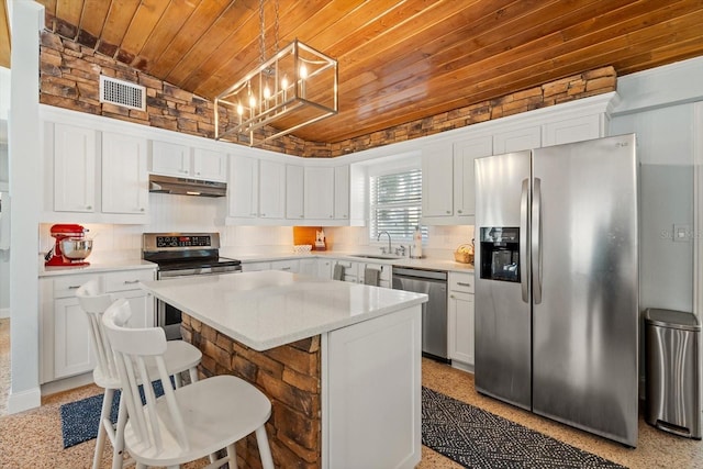 kitchen featuring visible vents, wooden ceiling, stainless steel appliances, under cabinet range hood, and a sink