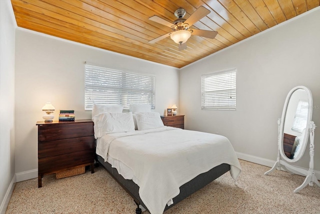 bedroom with ornamental molding, wooden ceiling, ceiling fan, and baseboards