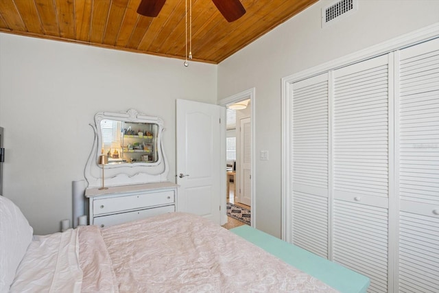 bedroom with wooden ceiling, ceiling fan, visible vents, and a closet