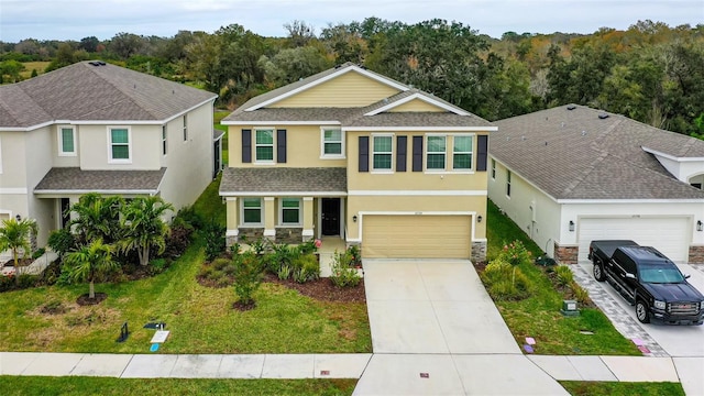 12534 Nantahala Run, Parrish, FL 34219 - view of front facade with stone siding, concrete driveway, stucco siding, a shingled roof, and a forest view