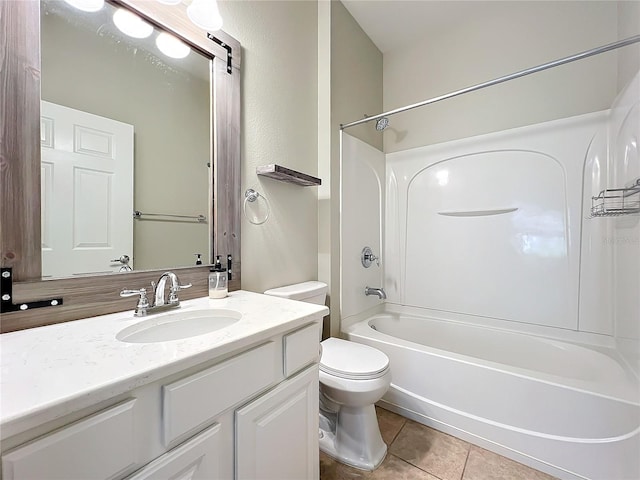 full bathroom with shower / bath combination, vanity, toilet, and tile patterned floors