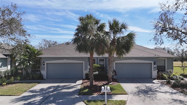 single story home with an attached garage, driveway, and stucco siding