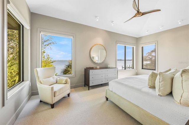 bedroom featuring multiple windows, light colored carpet, and baseboards