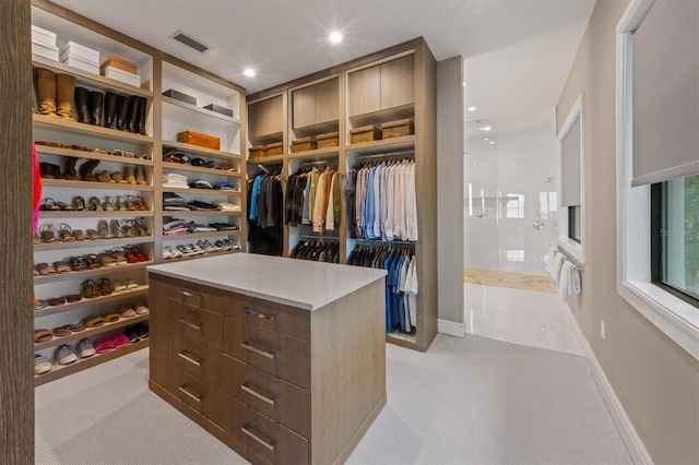 spacious closet with visible vents and light colored carpet