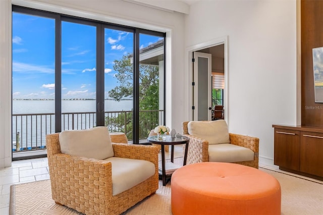 living area with a healthy amount of sunlight and a water view