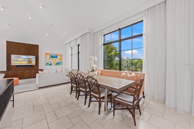 dining space featuring stone tile flooring and high vaulted ceiling