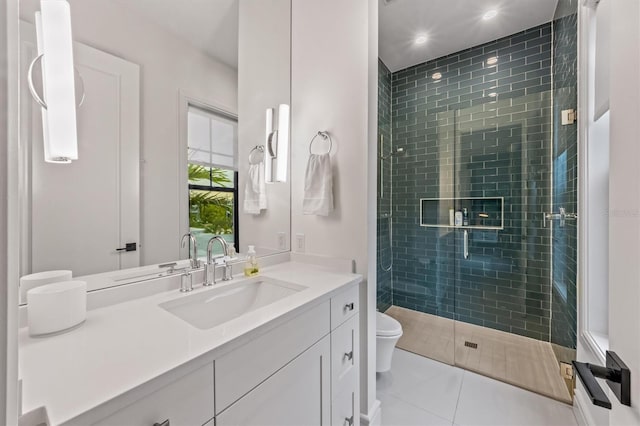 full bath with vanity, recessed lighting, a stall shower, tile patterned flooring, and toilet