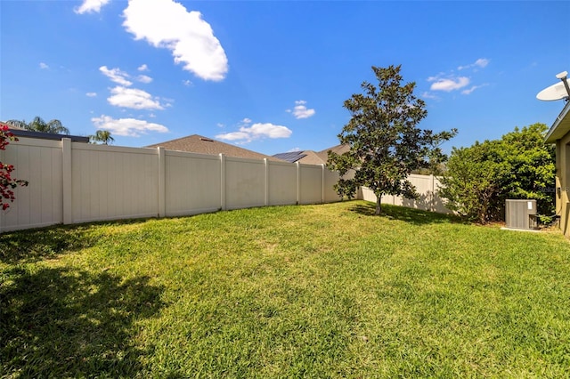 view of yard featuring a fenced backyard and central AC unit