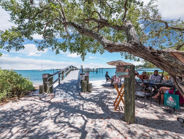 exterior space featuring a water view and a dock