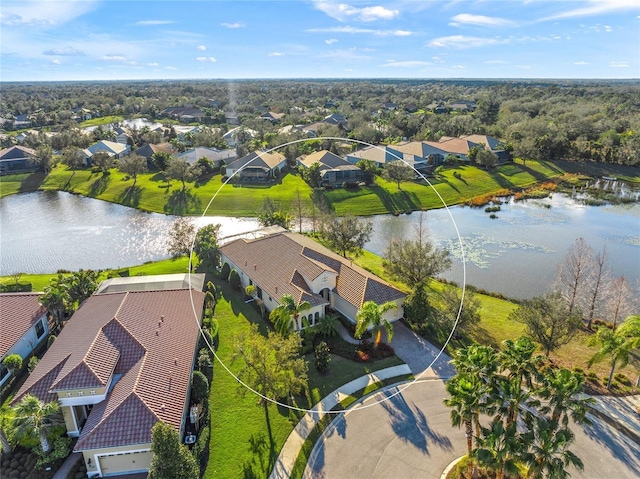 bird's eye view featuring a water view and a residential view