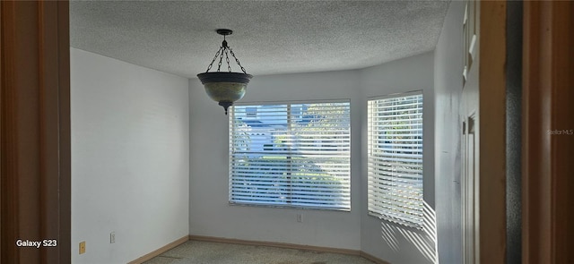 interior space with light carpet, baseboards, and a textured ceiling