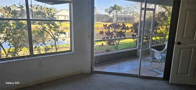 entryway with plenty of natural light, baseboards, and carpet flooring