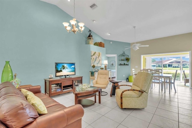 living room featuring light tile patterned flooring, visible vents, ceiling fan with notable chandelier, and high vaulted ceiling